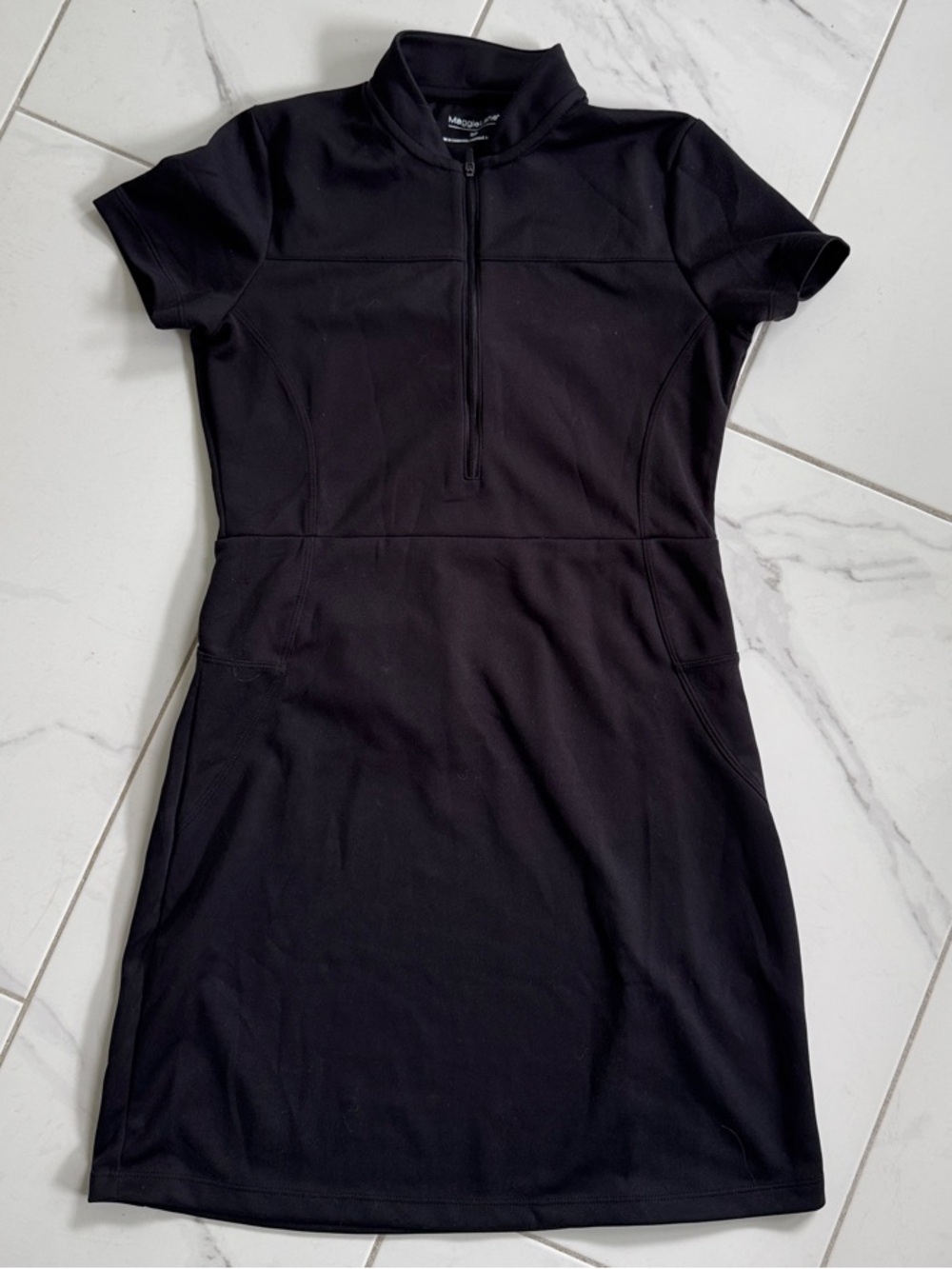 Black Short-Sleeve Zip-Front Knit Dress by Maggie